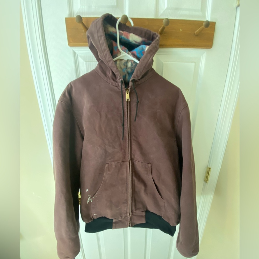 Vintage Carhartt Canvas Hooded Work Bomber Jacket AZTEC lining . RARE. size LG